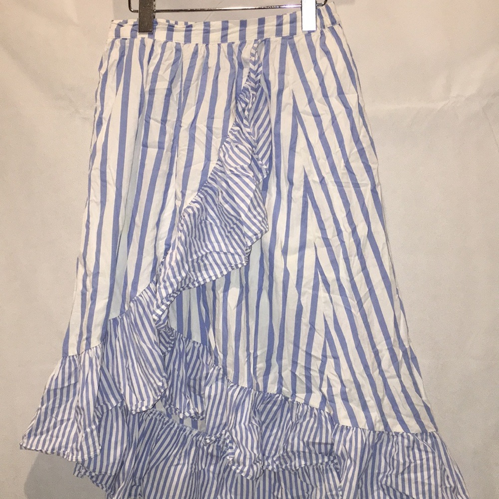 Who What Wear Asymmetrical Hem Ruffle Blue And White Stripe MIDI Skirt | XS